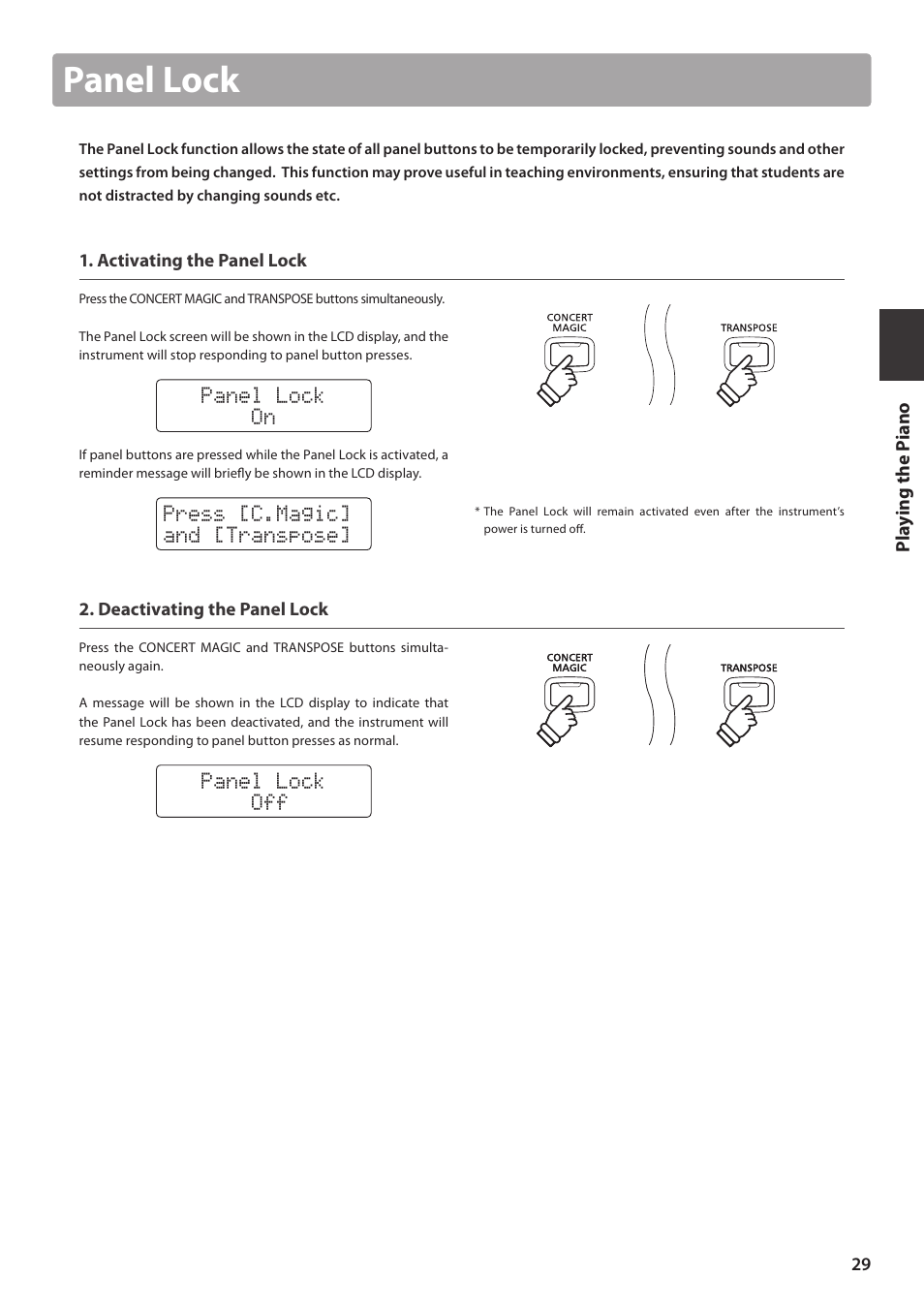 Panel lock | Kawai CN35 Owner’s Manual User Manual | Page 29 / 142