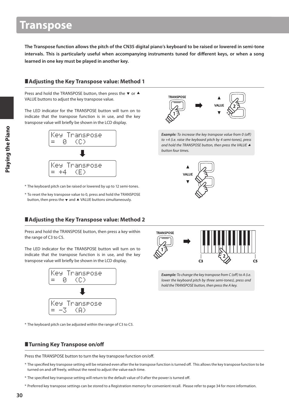 Transpose, Key transpose = 0 (c) key transpose = +4 (e), Key transpose = 0 (c) key transpose = -3 (a) | Pl ay ing the pi ano, Adjusting the key transpose value: method 1, Adjusting the key transpose value: method 2, Turning key transpose on/off | Kawai CN35 Owner’s Manual User Manual | Page 30 / 142