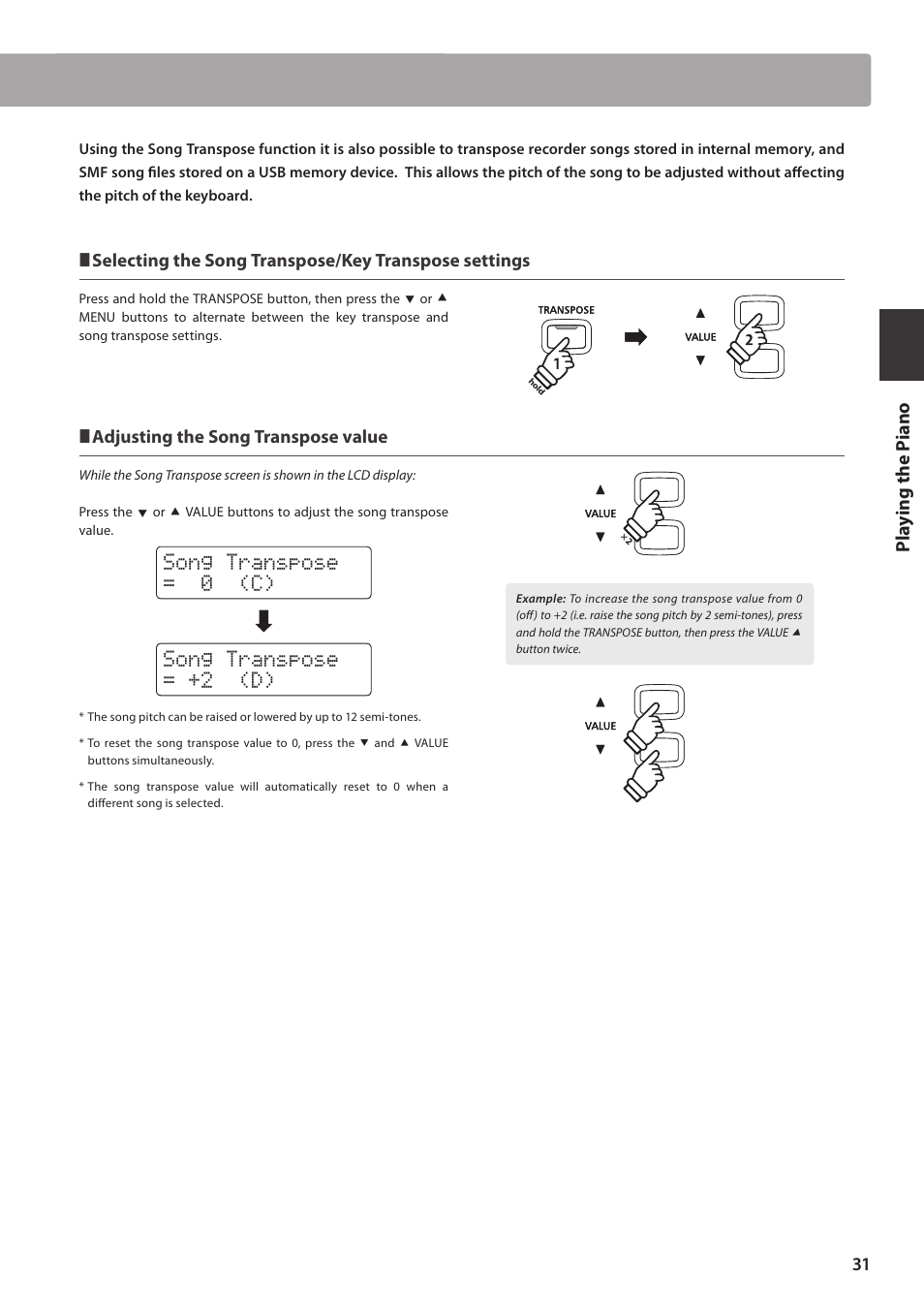 Song transpose = 0 (c) song transpose = +2 (d), Pl ay ing the pi ano, Adjusting the song transpose value | Kawai CN35 Owner’s Manual User Manual | Page 31 / 142