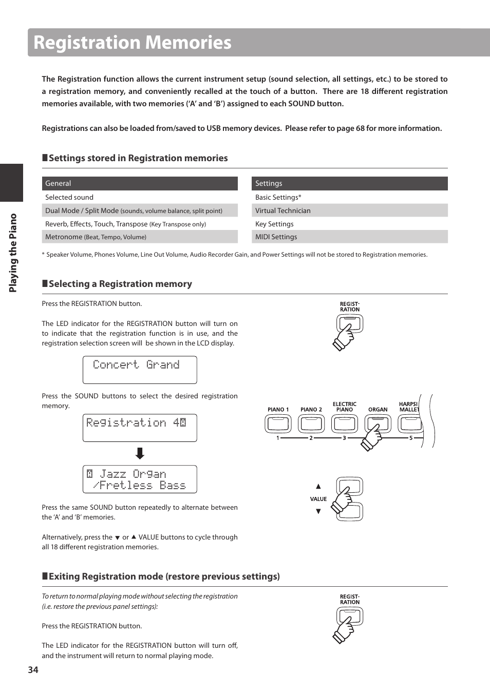 Concert grand, º jazz organ /fretless bass registration º | Kawai CN35 Owner’s Manual User Manual | Page 34 / 142