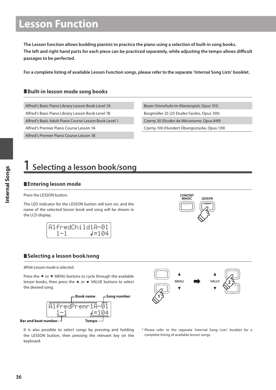 Lesson function, Selecting a lesson book/song | Kawai CN35 Owner’s Manual User Manual | Page 36 / 142