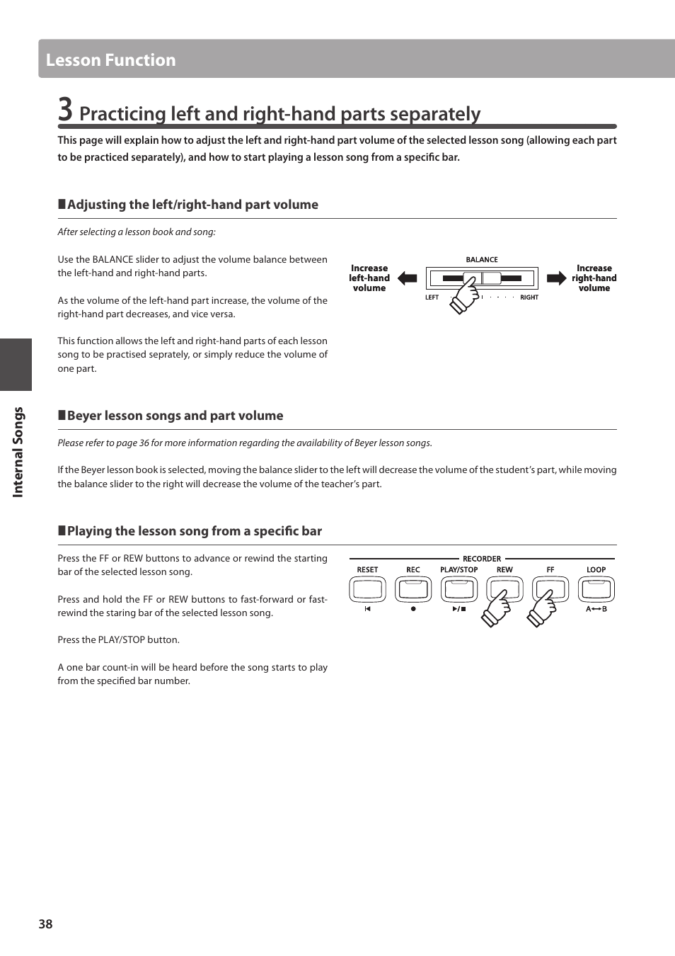 Practicing left and right-hand parts separately, Lesson function | Kawai CN35 Owner’s Manual User Manual | Page 38 / 142