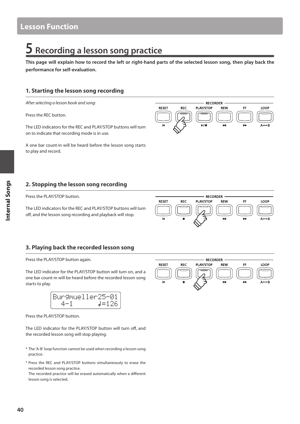 Recording a lesson song practice, Lesson function | Kawai CN35 Owner’s Manual User Manual | Page 40 / 142