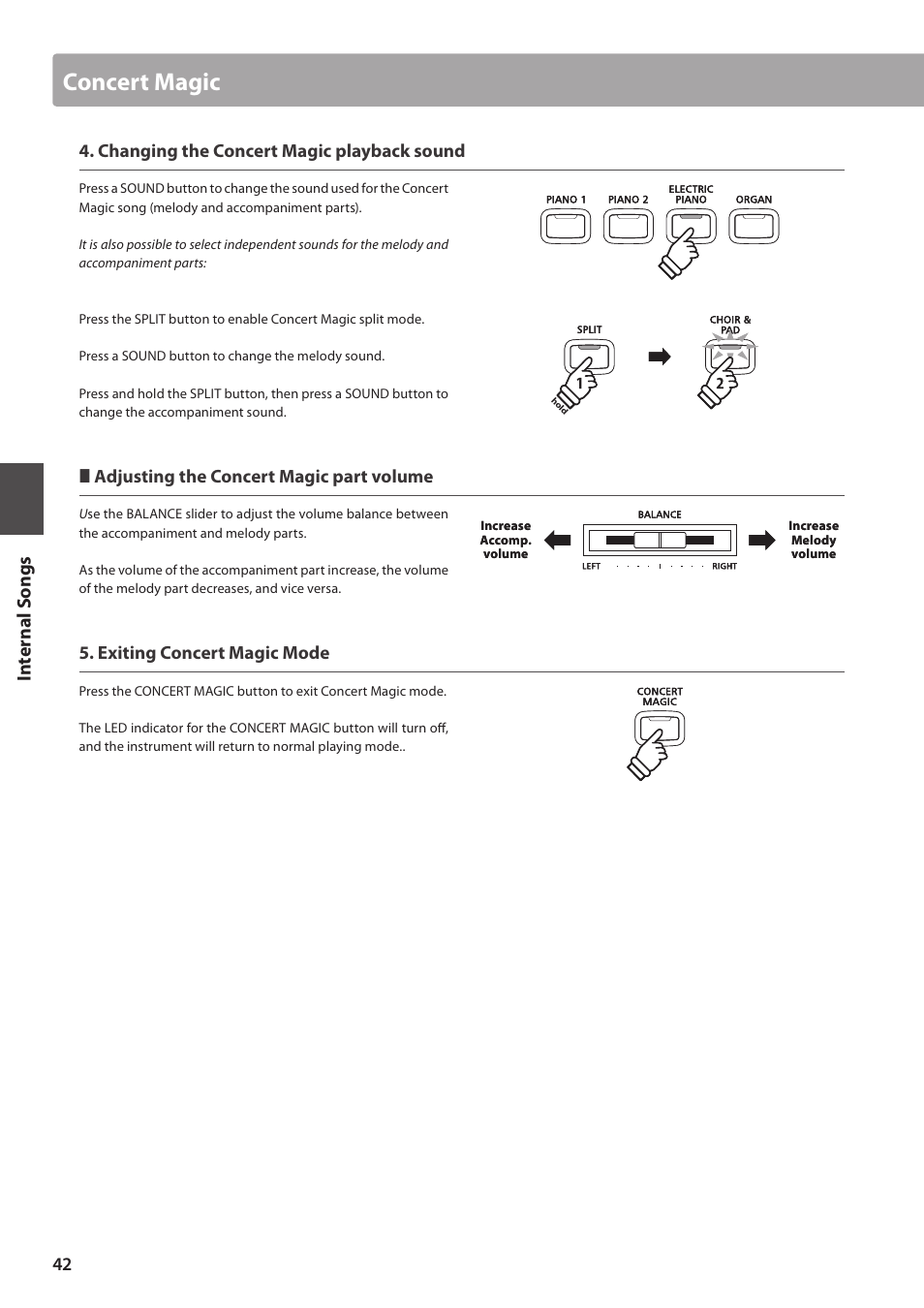 Concert magic, Changing the concert magic playback sound, Adjusting the concert magic part volume | Exiting concert magic mode | Kawai CN35 Owner’s Manual User Manual | Page 42 / 142