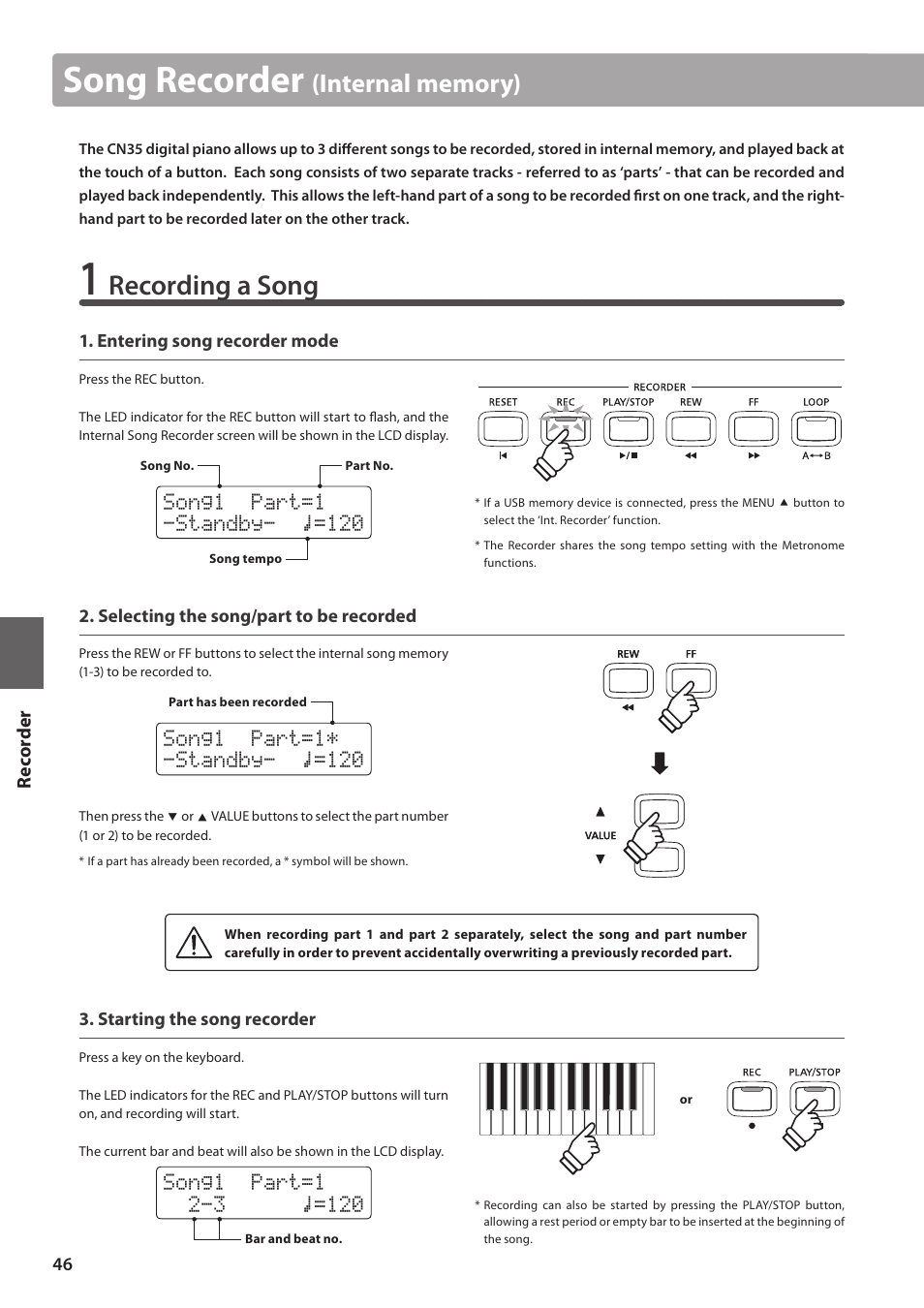 Song recorder, Recording a song | Kawai CN35 Owner’s Manual User Manual | Page 46 / 142