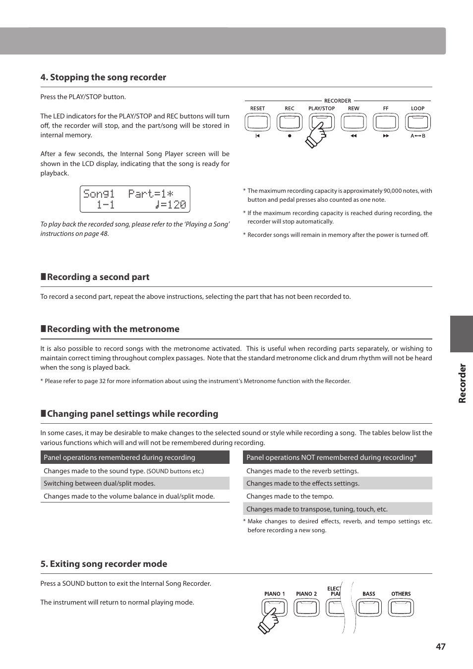 Re corde r, Stopping the song recorder, Recording a second part | Recording with the metronome, Changing panel settings while recording, Exiting song recorder mode | Kawai CN35 Owner’s Manual User Manual | Page 47 / 142