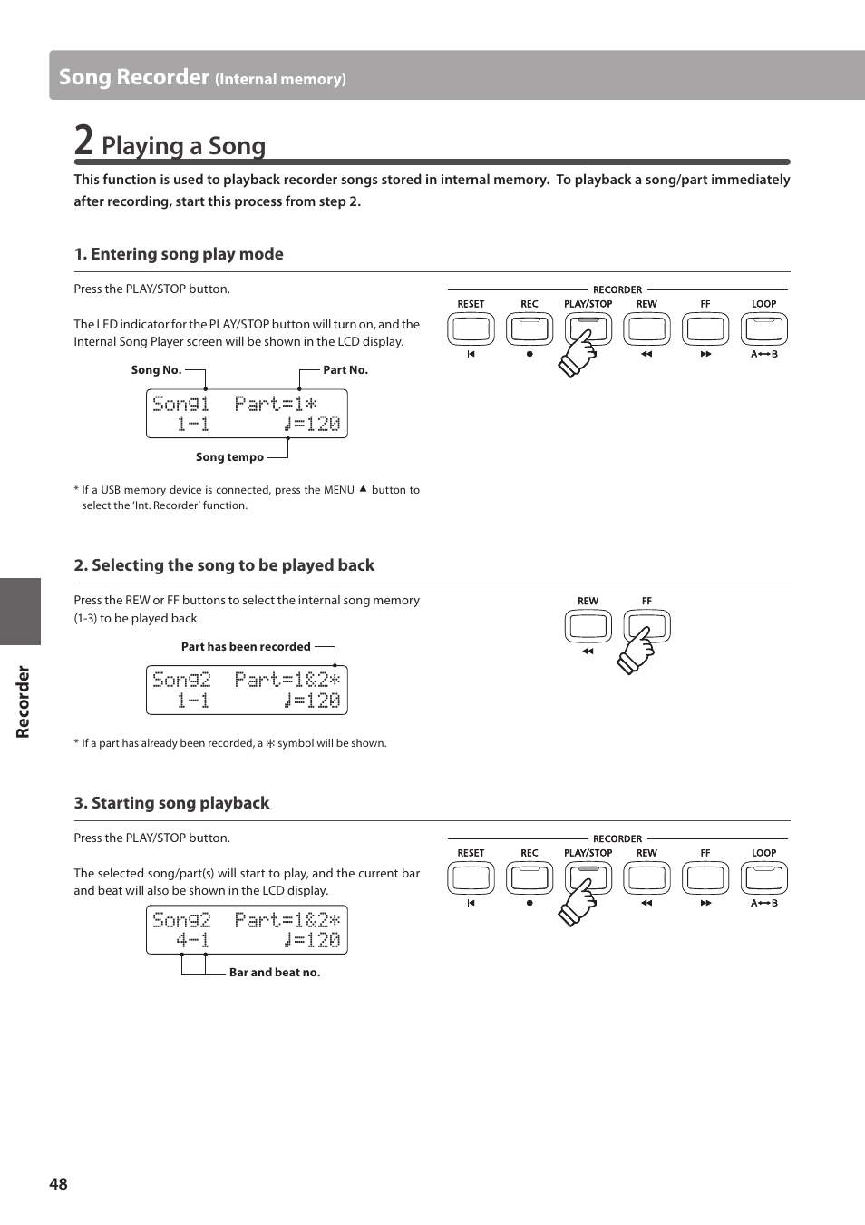 Playing a song, Song recorder | Kawai CN35 Owner’s Manual User Manual | Page 48 / 142