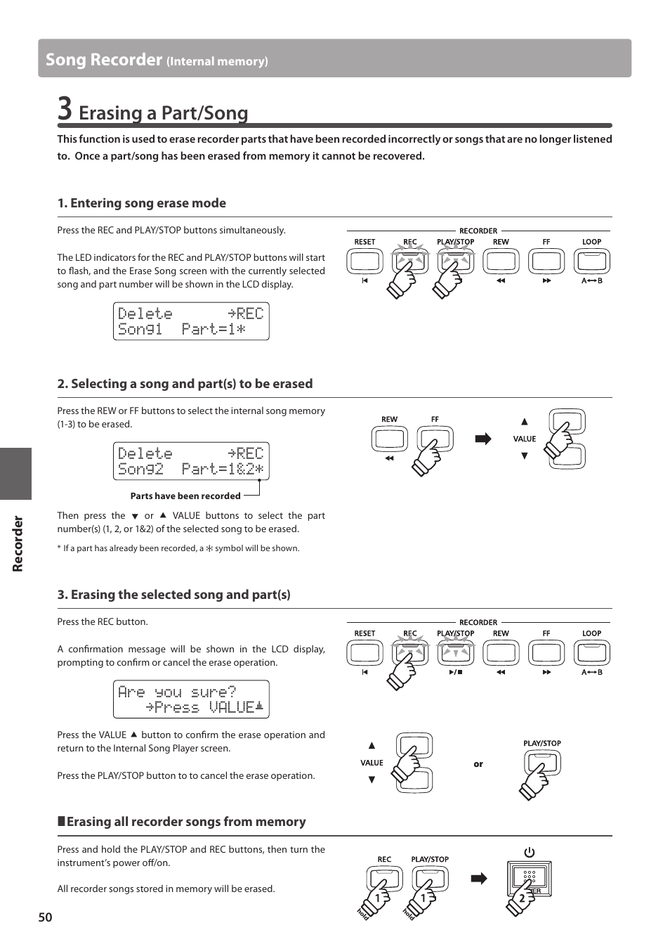 Erasing a part/song, Song recorder, Delete 3&$ song1 part=1 | Delete 3&$ song2 part=1&2, Are you sure? 1sftt 7"-6&è | Kawai CN35 Owner’s Manual User Manual | Page 50 / 142