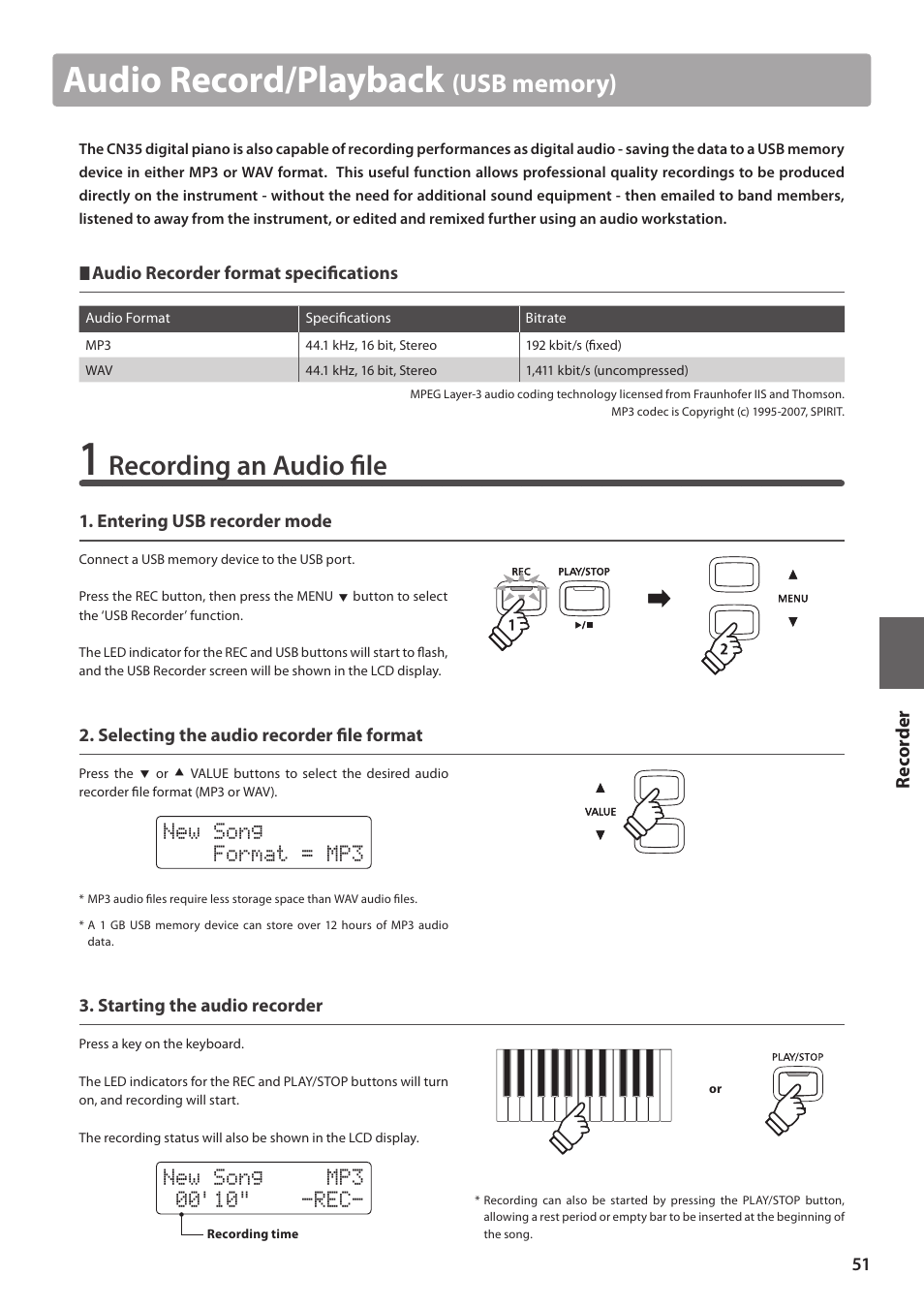 Audio record/playback, Recording an audio file, New song format = mp3 | Kawai CN35 Owner’s Manual User Manual | Page 51 / 142