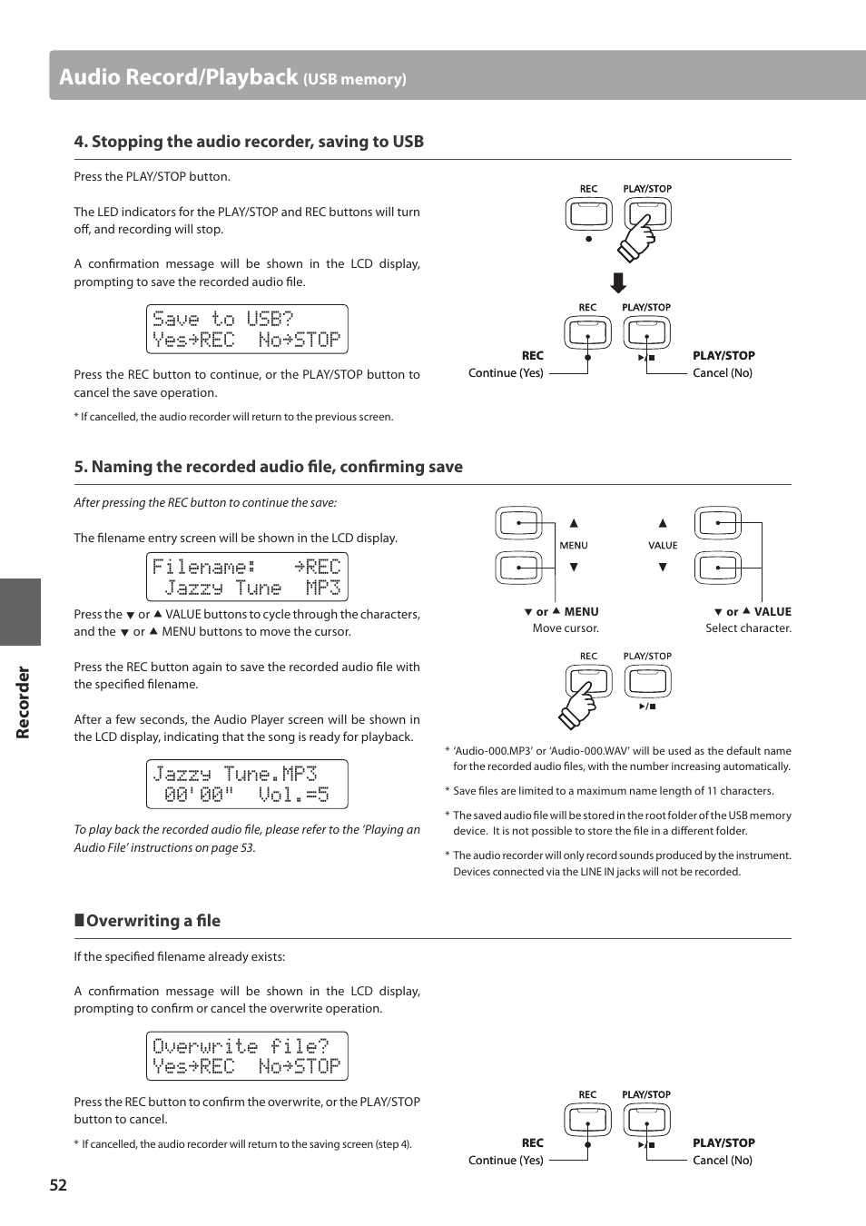 Audio record/playback, Filename: 3&$ jazzy tune mp3, Re corde r | Stopping the audio recorder, saving to usb, Naming the recorded audio file, confirming save, Overwriting a file | Kawai CN35 Owner’s Manual User Manual | Page 52 / 142