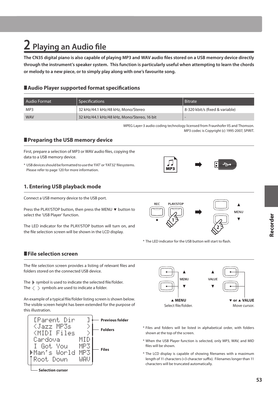 Playing an audio file, Re corde r | Kawai CN35 Owner’s Manual User Manual | Page 53 / 142