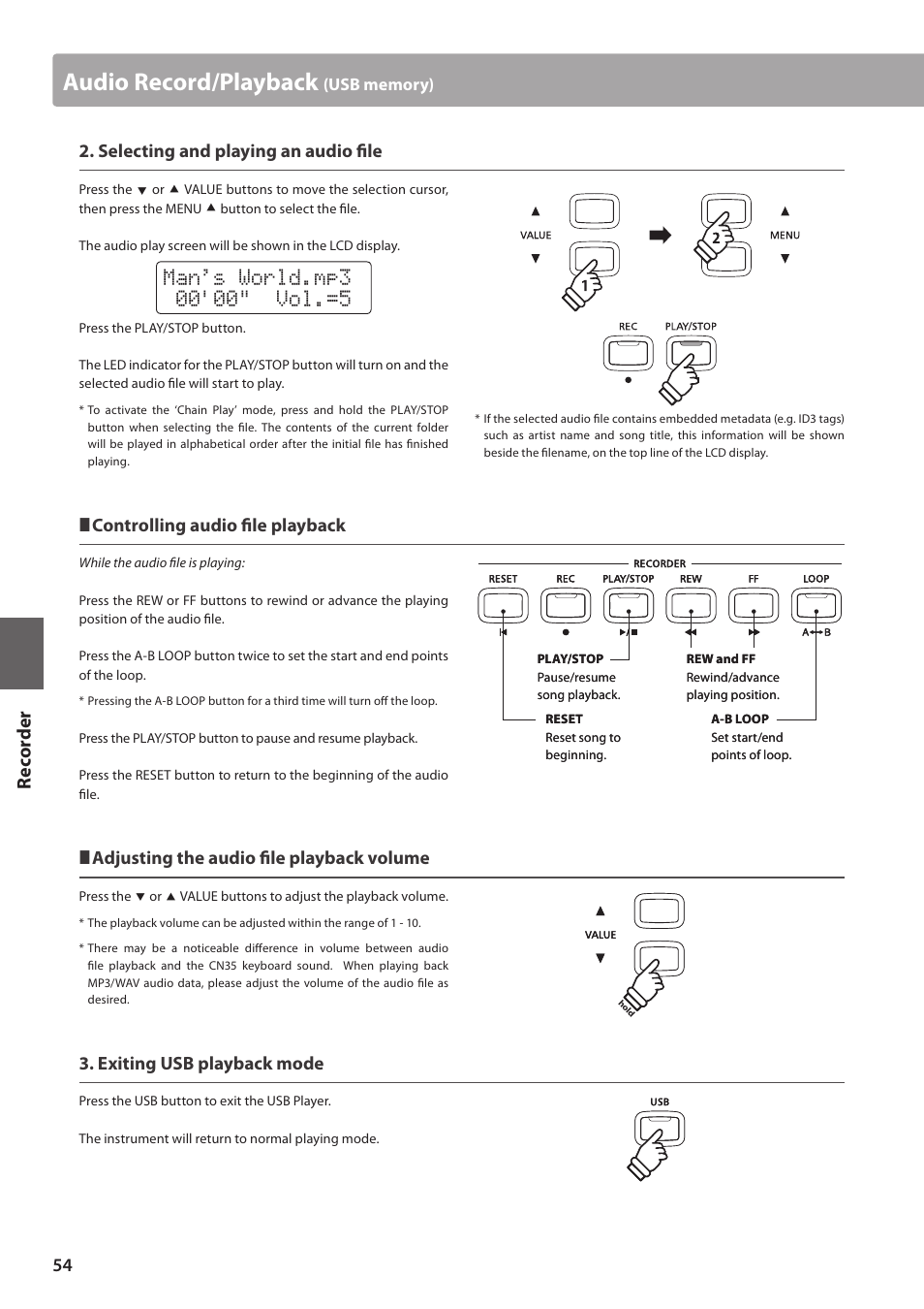 Audio record/playback, Re corde r, Selecting and playing an audio file | Controlling audio file playback, Adjusting the audio file playback volume, Exiting usb playback mode | Kawai CN35 Owner’s Manual User Manual | Page 54 / 142