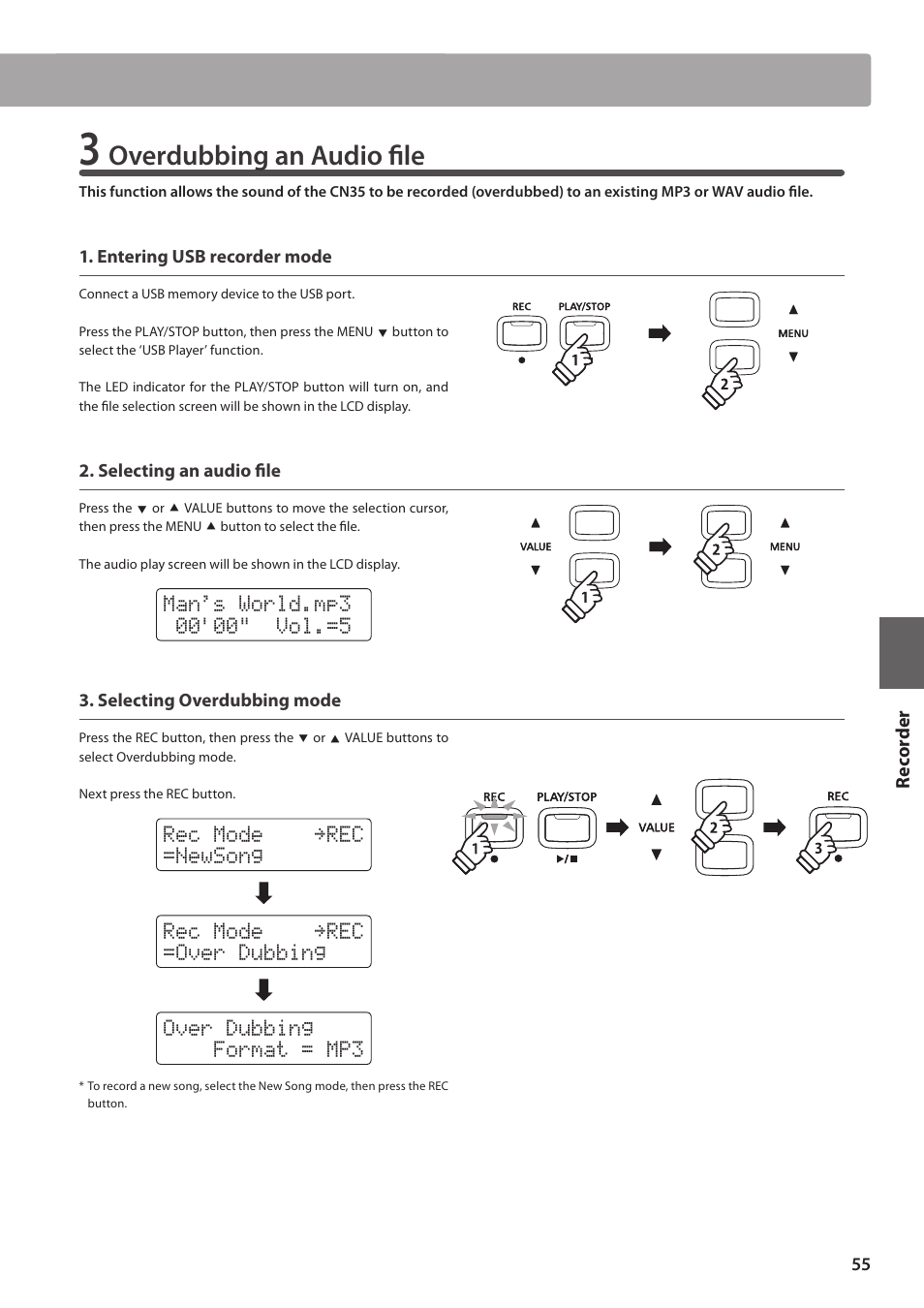 Overdubbing an audio file | Kawai CN35 Owner’s Manual User Manual | Page 55 / 142