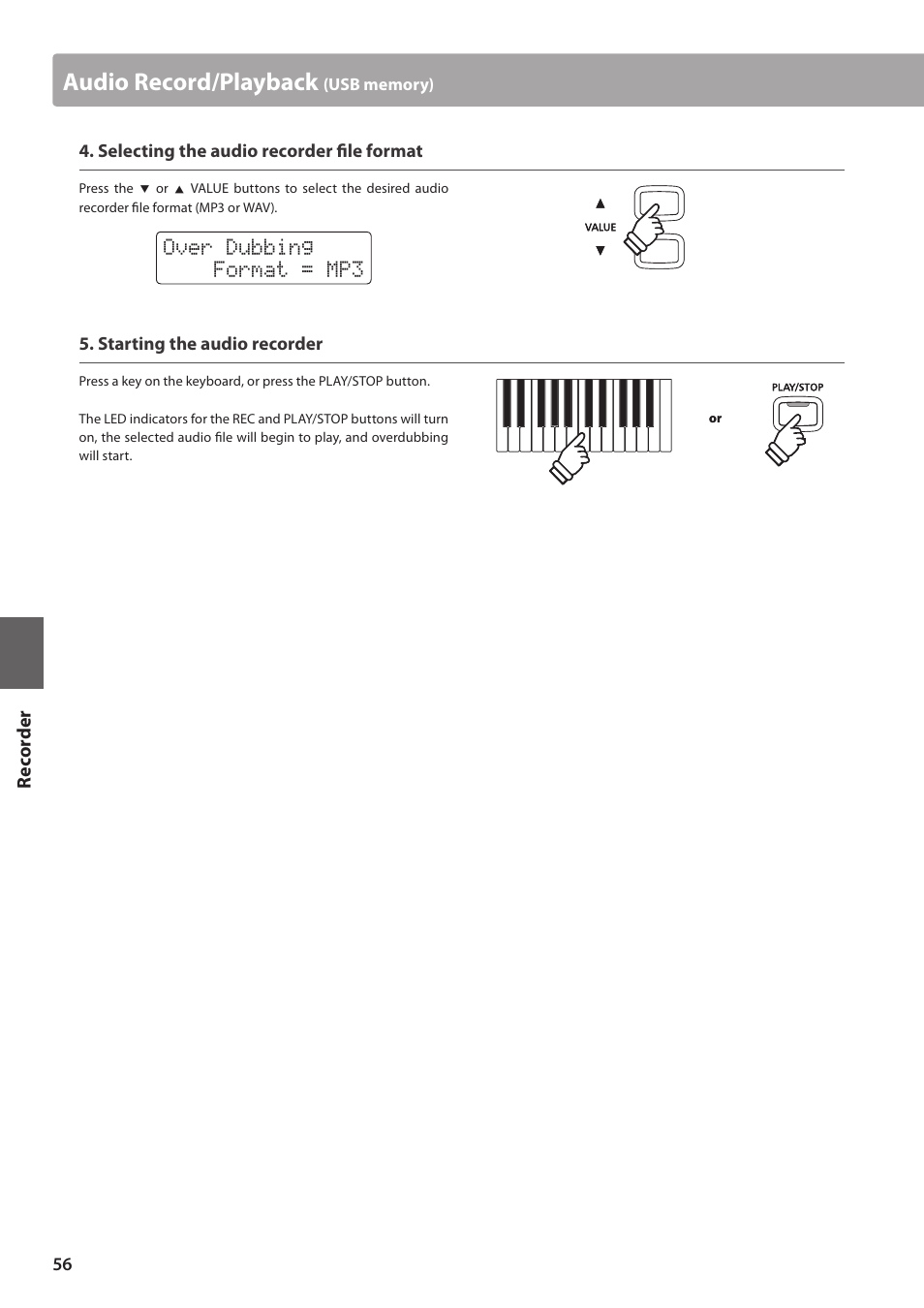 Audio record/playback, Over dubbing format = mp3 | Kawai CN35 Owner’s Manual User Manual | Page 56 / 142