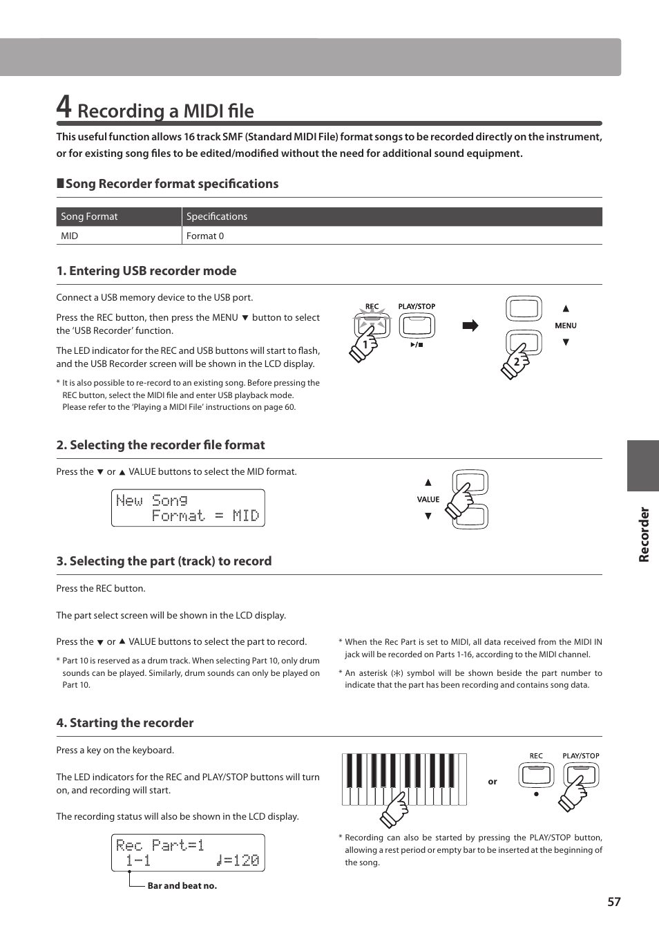 Recording a midi file, New song format = mid, Re corde r | Kawai CN35 Owner’s Manual User Manual | Page 57 / 142