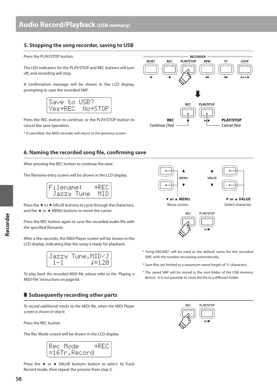 Audio record/playback, Filename: 3&$ jazzy tune mid, Rec mode 3&$ =16tr.record | Re corde r | Kawai CN35 Owner’s Manual User Manual | Page 58 / 142