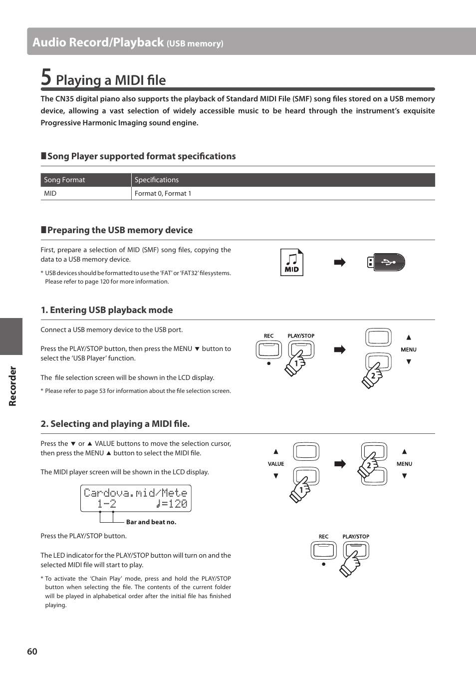 Playing a midi file, Audio record/playback | Kawai CN35 Owner’s Manual User Manual | Page 60 / 142