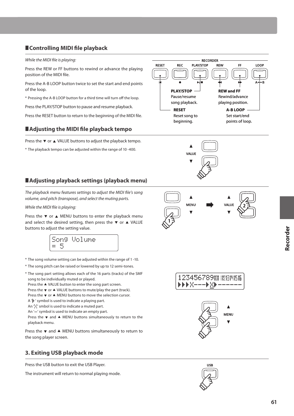 Song volume = 5, Re corde r, Controlling midi file playback | Adjusting the midi file playback tempo, Adjusting playback settings (playback menu), Exiting usb playback mode | Kawai CN35 Owner’s Manual User Manual | Page 61 / 142