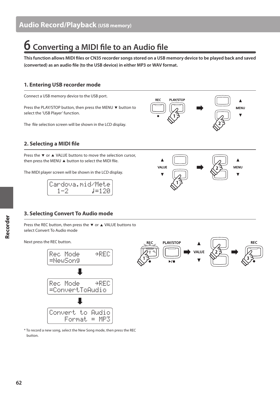 Converting a midi file to an audio file, Audio record/playback | Kawai CN35 Owner’s Manual User Manual | Page 62 / 142