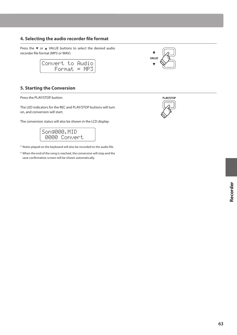 Convert to audio format = mp3 | Kawai CN35 Owner’s Manual User Manual | Page 63 / 142