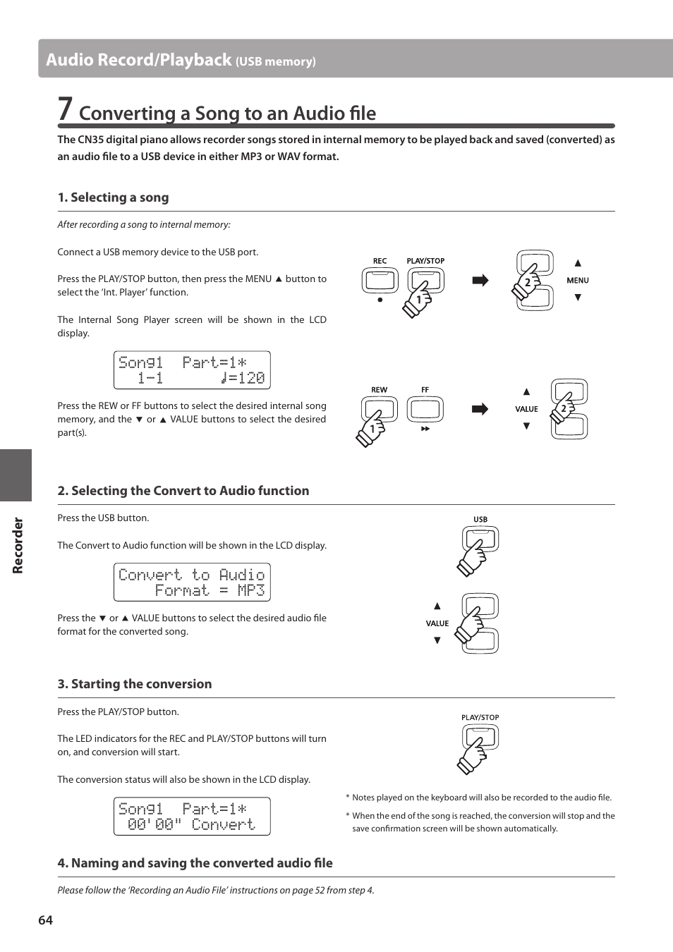 Converting a song to an audio file, Audio record/playback | Kawai CN35 Owner’s Manual User Manual | Page 64 / 142