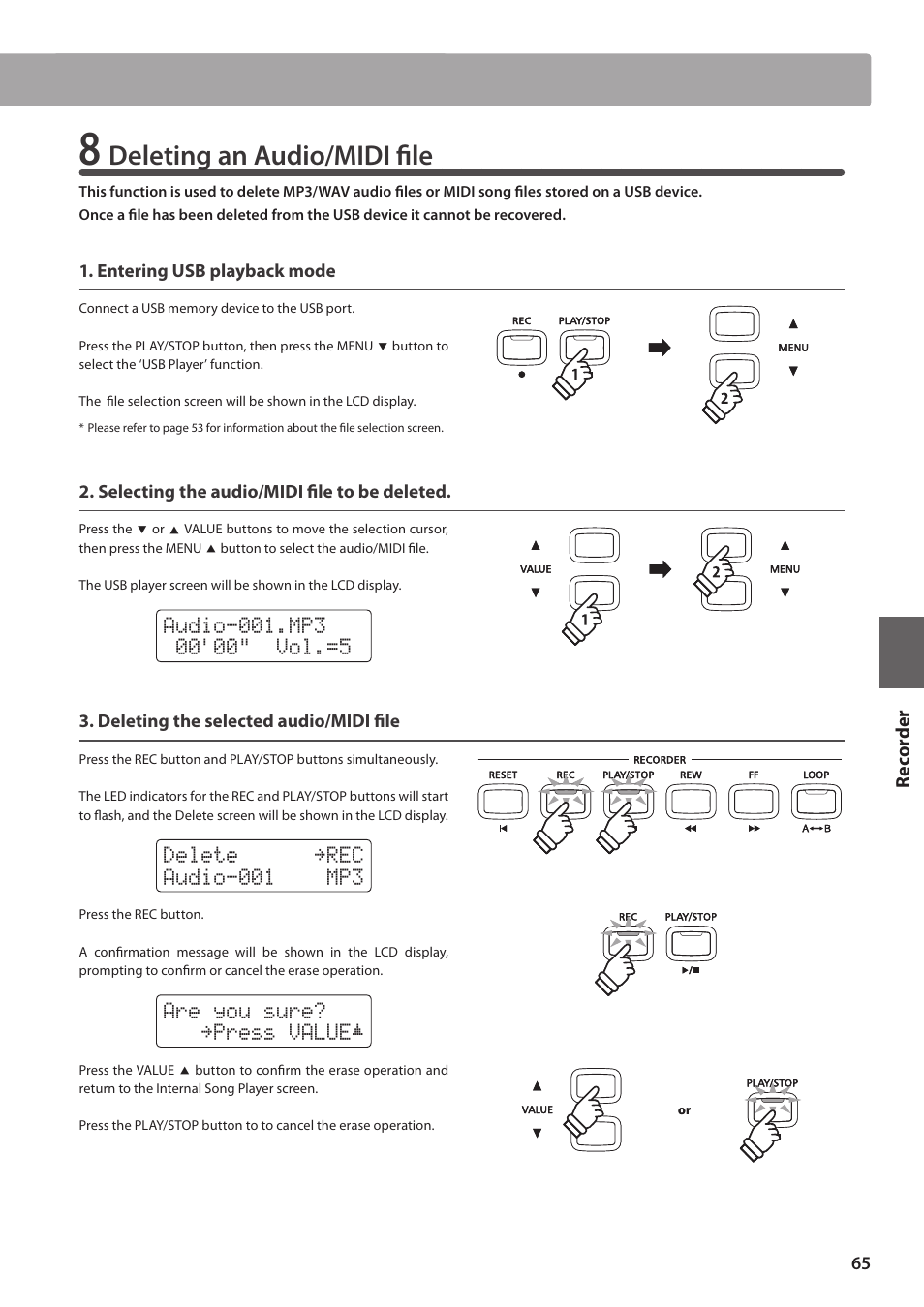 Deleting an audio/midi file | Kawai CN35 Owner’s Manual User Manual | Page 65 / 142