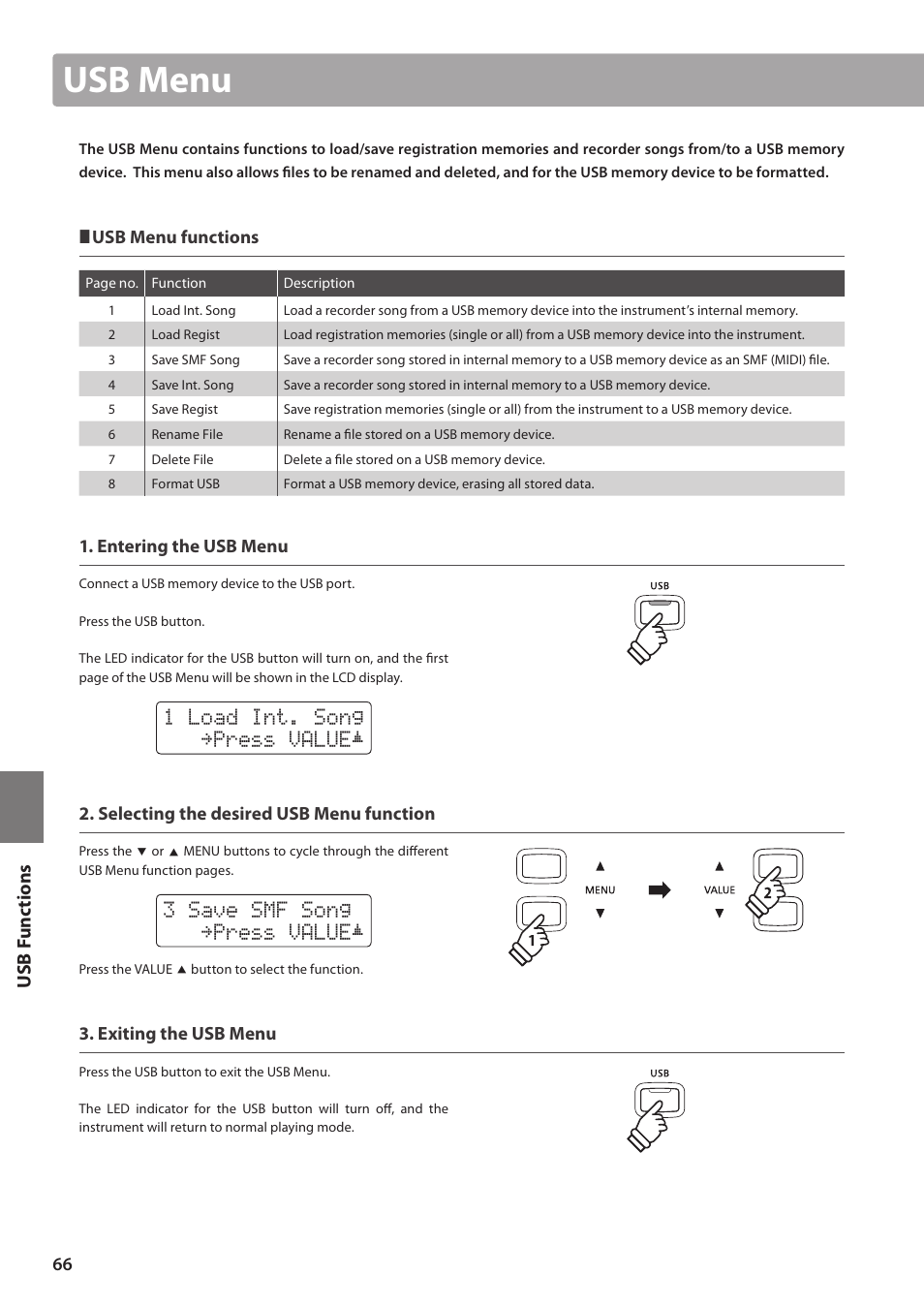 Usb menu, 1 load int. song 1sftt 7"-6&è, 3 save smf song 1sftt 7"-6&è | Usb func tions | Kawai CN35 Owner’s Manual User Manual | Page 66 / 142