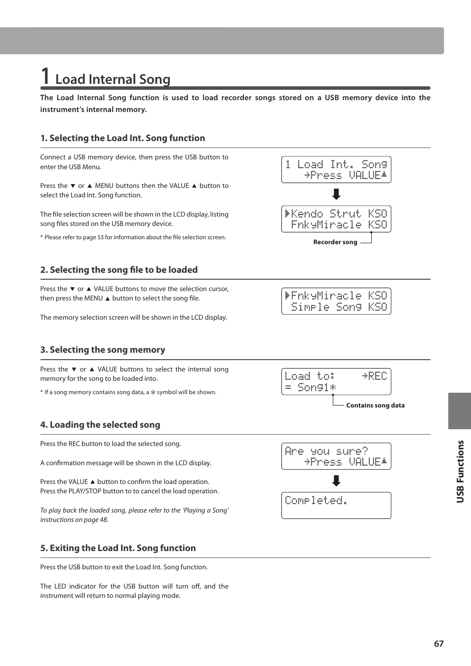 Load internal song, Completed. are you sure? 1sftt 7"-6&è | Kawai CN35 Owner’s Manual User Manual | Page 67 / 142