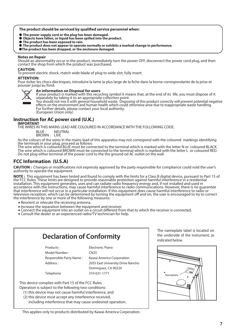 Declaration of conformity | Kawai CN35 Owner’s Manual User Manual | Page 7 / 142