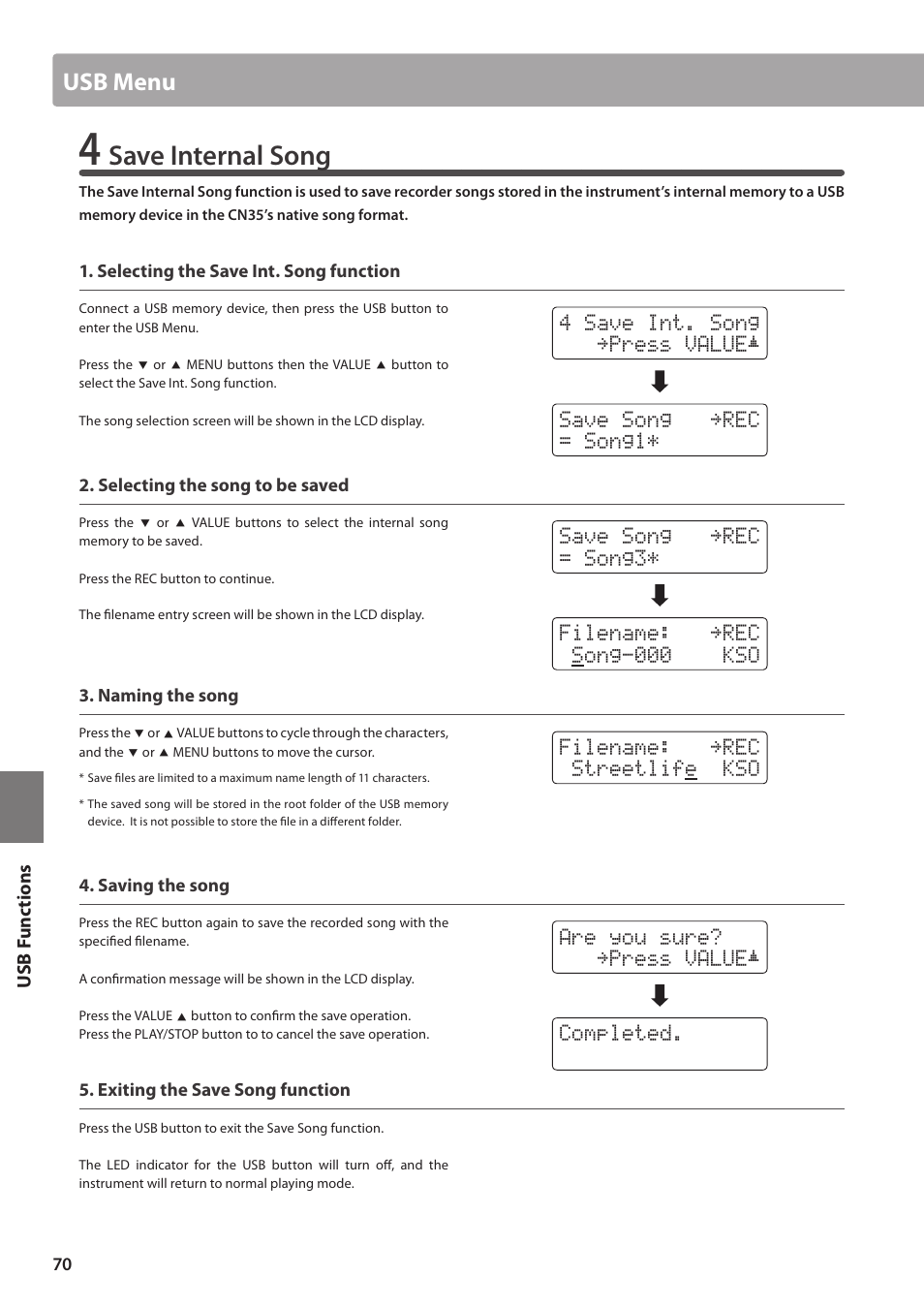 Save internal song, Usb menu | Kawai CN35 Owner’s Manual User Manual | Page 70 / 142