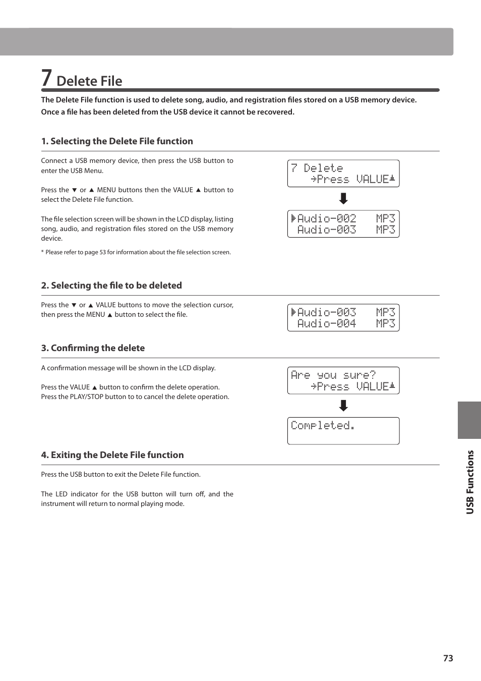 Delete file | Kawai CN35 Owner’s Manual User Manual | Page 73 / 142