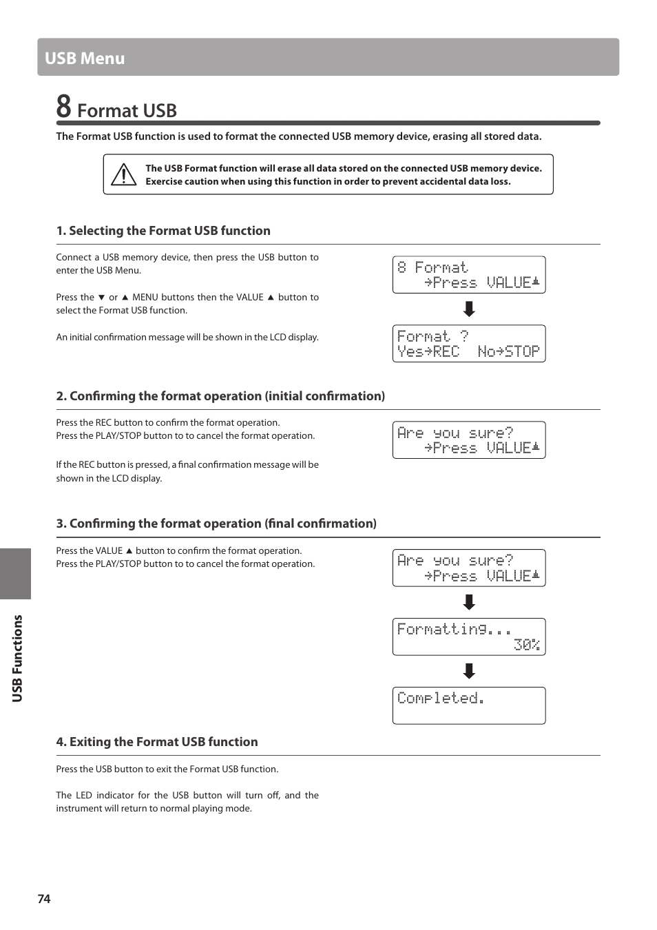 Format usb, Usb menu | Kawai CN35 Owner’s Manual User Manual | Page 74 / 142