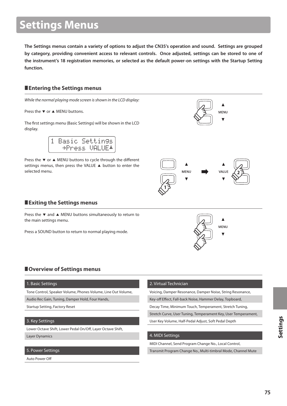 Settings menus, 1 basic settings 1sftt 7"-6&è, Set tings | Kawai CN35 Owner’s Manual User Manual | Page 75 / 142