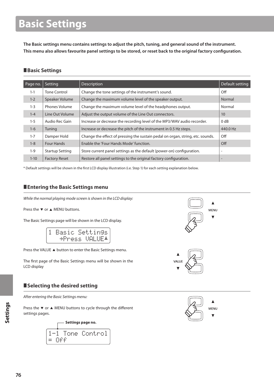 1 basic settings 1sftt 7"-6&è, 1 tone control = off, Set tings | Basic settings, Entering the basic settings menu, Selecting the desired setting | Kawai CN35 Owner’s Manual User Manual | Page 76 / 142