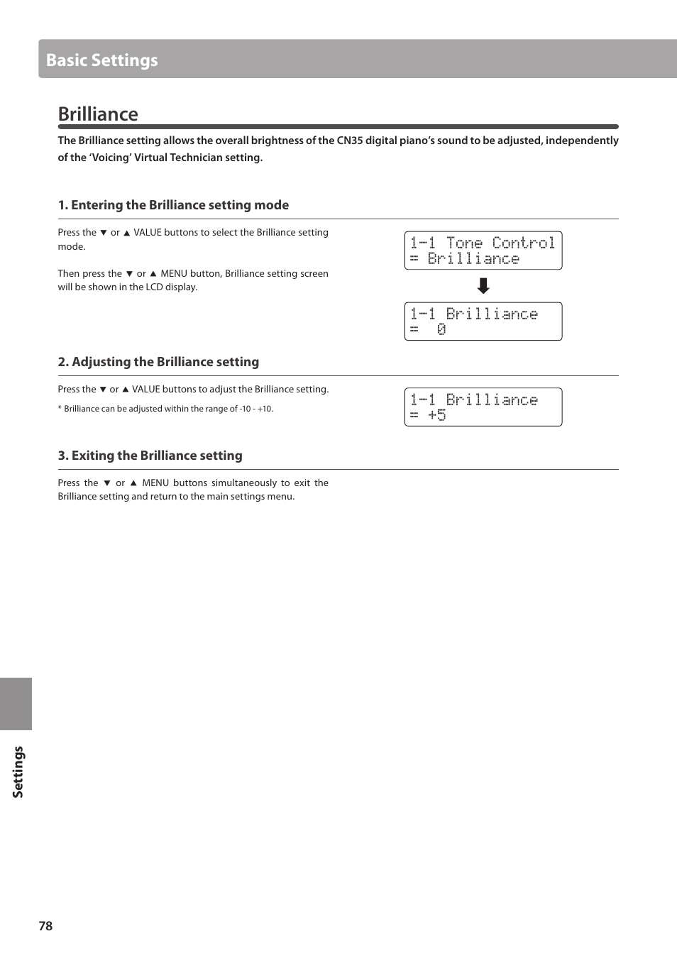 Brilliance, Basic settings | Kawai CN35 Owner’s Manual User Manual | Page 78 / 142