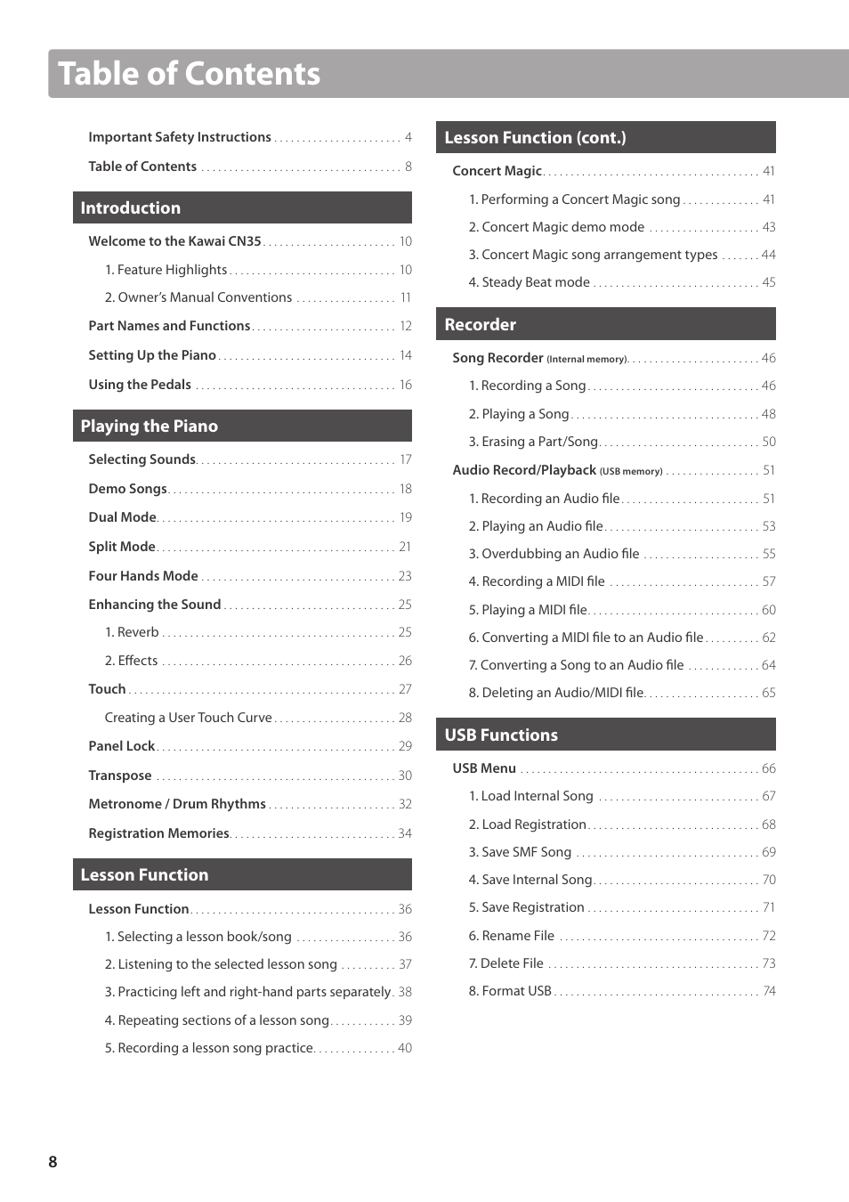 Kawai CN35 Owner’s Manual User Manual | Page 8 / 142