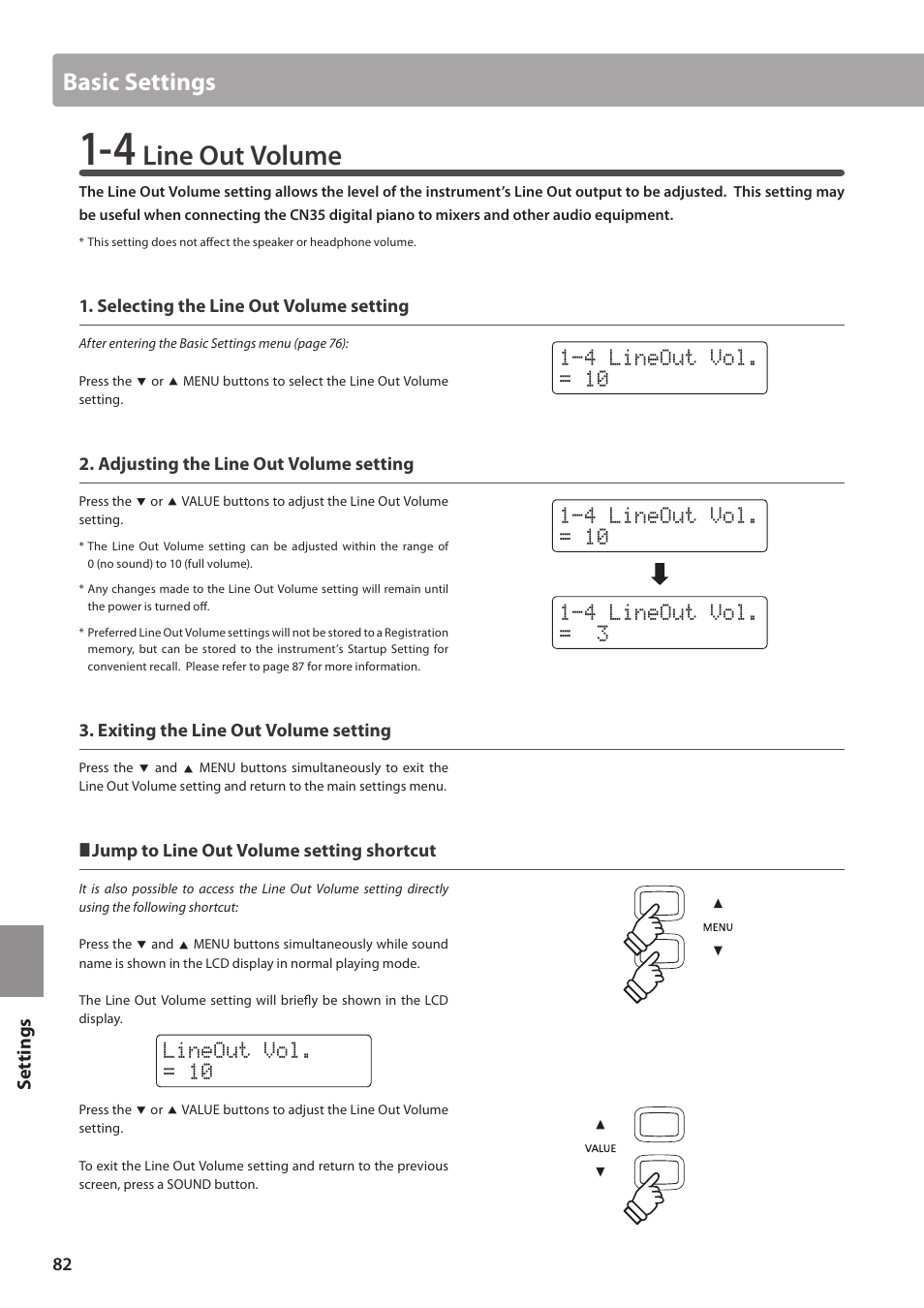 Line out volume, Basic settings, Lineout vol. = 10 | Kawai CN35 Owner’s Manual User Manual | Page 82 / 142