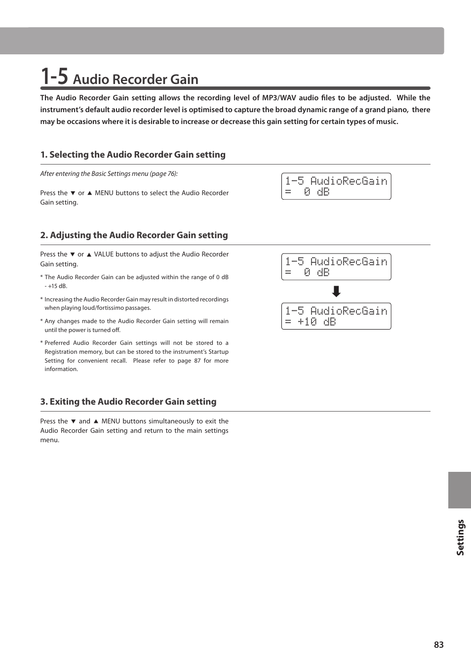 Audio recorder gain | Kawai CN35 Owner’s Manual User Manual | Page 83 / 142