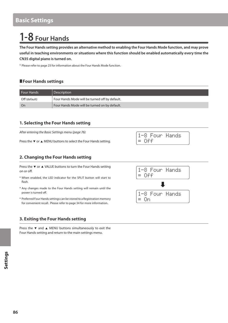 Four hands, Basic settings | Kawai CN35 Owner’s Manual User Manual | Page 86 / 142