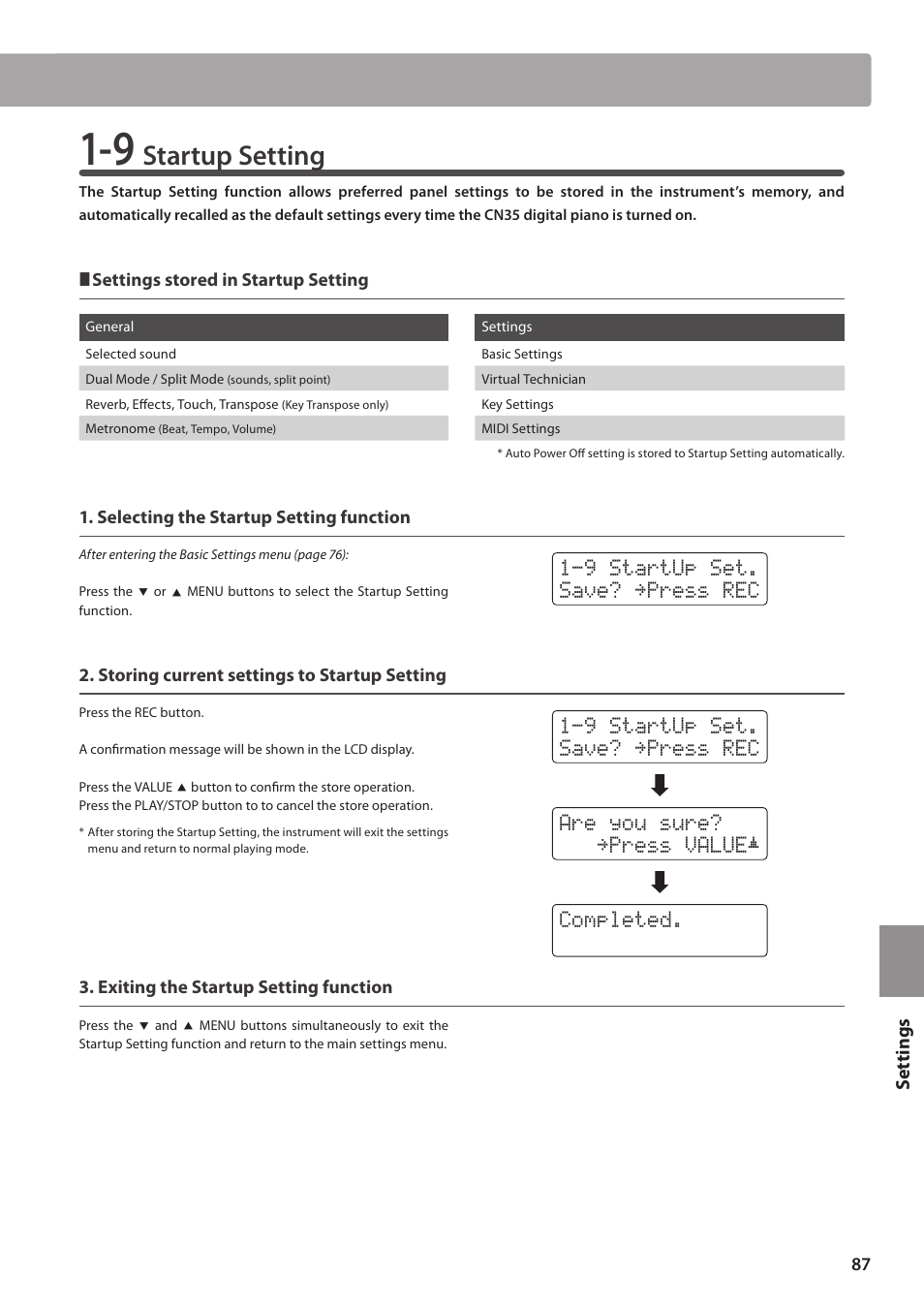 Startup setting | Kawai CN35 Owner’s Manual User Manual | Page 87 / 142