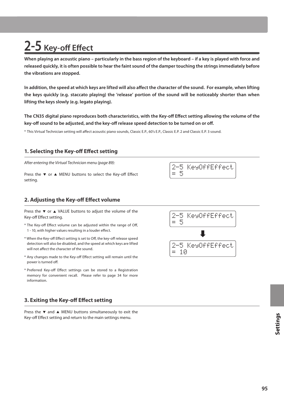 Key-off effect, Set tings | Kawai CN35 Owner’s Manual User Manual | Page 95 / 142