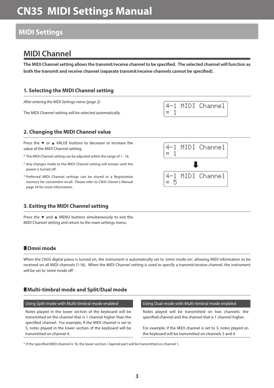 Cn35 midi settings manual, Midi channel, Midi settings | Kawai CN35 MIDI Manual User Manual | Page 3 / 10