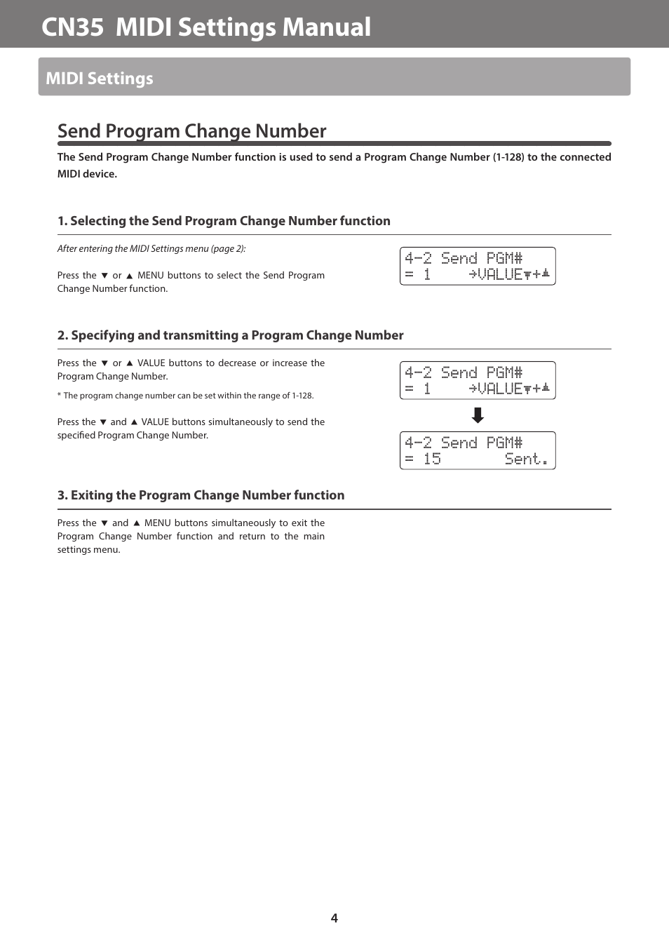 Cn35 midi settings manual, Send program change number, Midi settings | Kawai CN35 MIDI Manual User Manual | Page 4 / 10