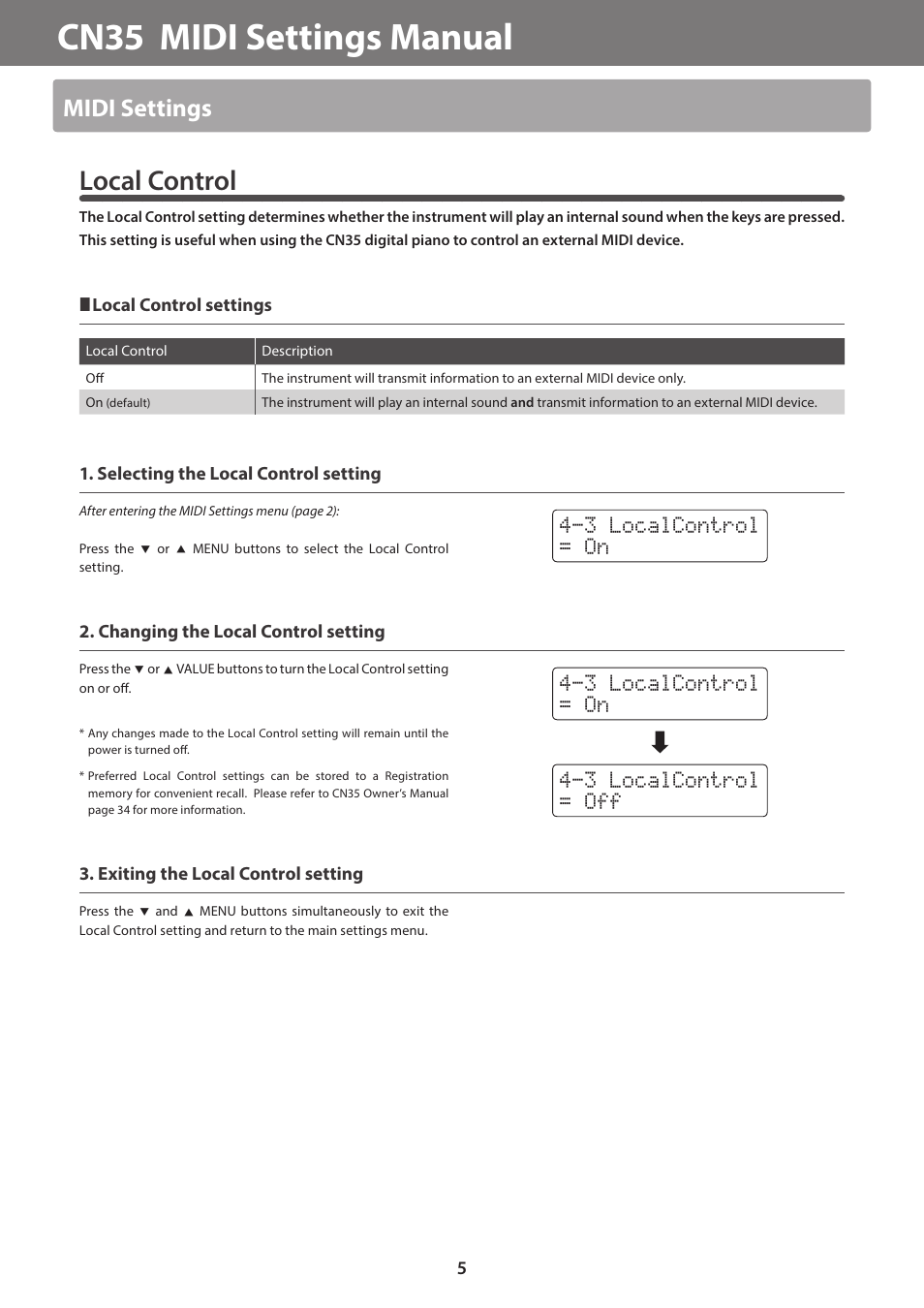 Cn35 midi settings manual, Local control, Midi settings | Kawai CN35 MIDI Manual User Manual | Page 5 / 10
