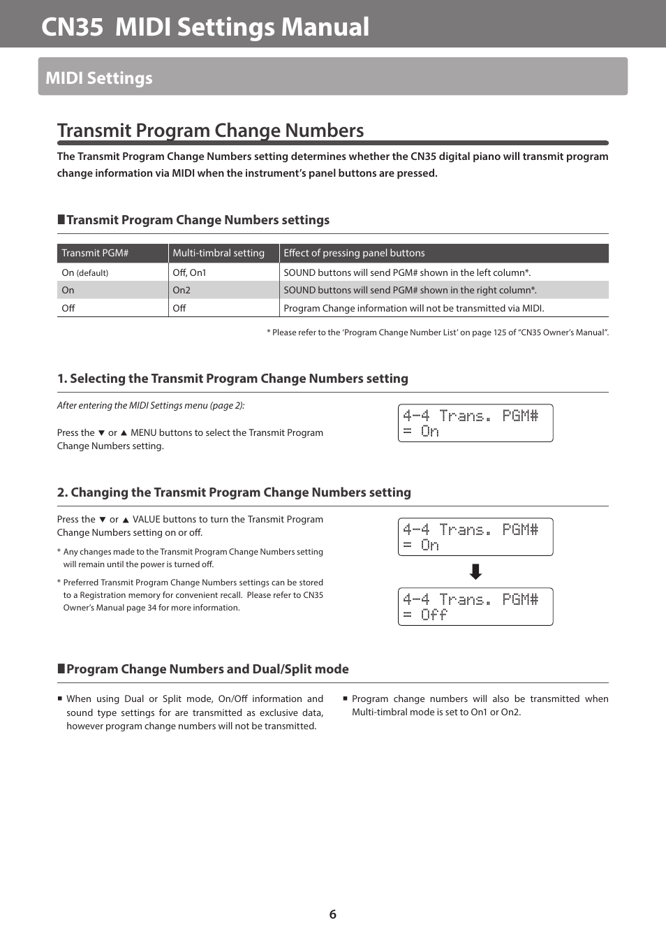 Cn35 midi settings manual, Transmit program change numbers, Midi settings | Kawai CN35 MIDI Manual User Manual | Page 6 / 10