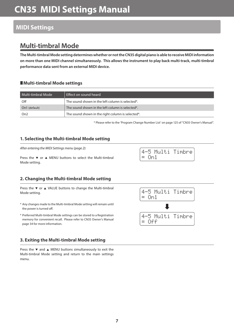 Cn35 midi settings manual, Multi-timbral mode, Midi settings | Kawai CN35 MIDI Manual User Manual | Page 7 / 10