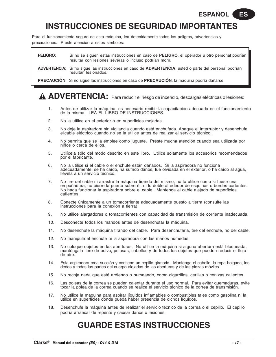 Instrucciones de seguridad importantes, Advertencia, Guarde estas instrucciones | Es español | Clarke D18 User Manual | Page 17 / 50