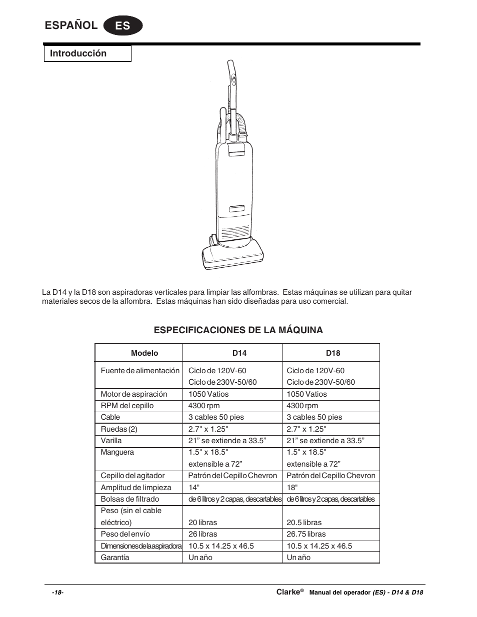 Es español | Clarke D18 User Manual | Page 18 / 50