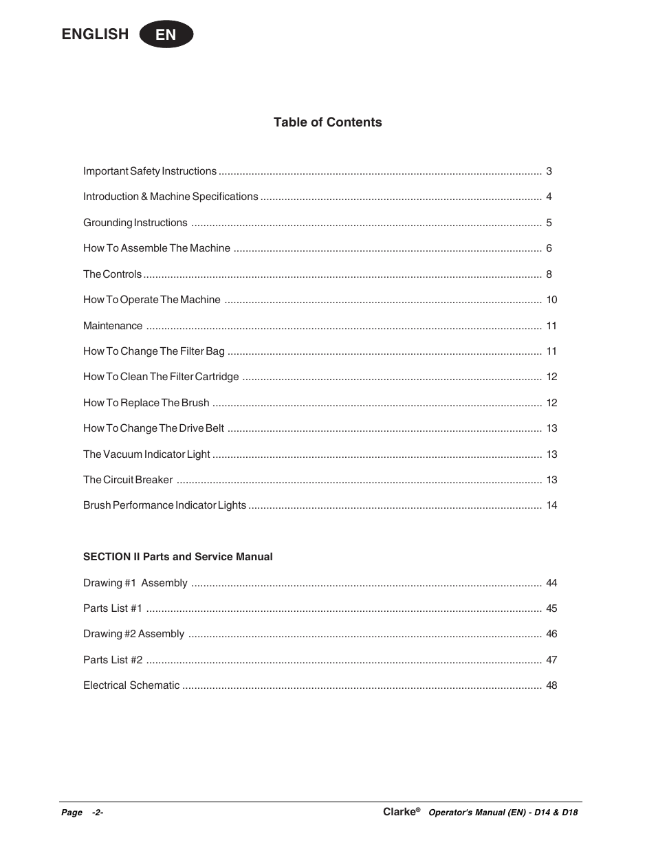 En english | Clarke D18 User Manual | Page 2 / 50