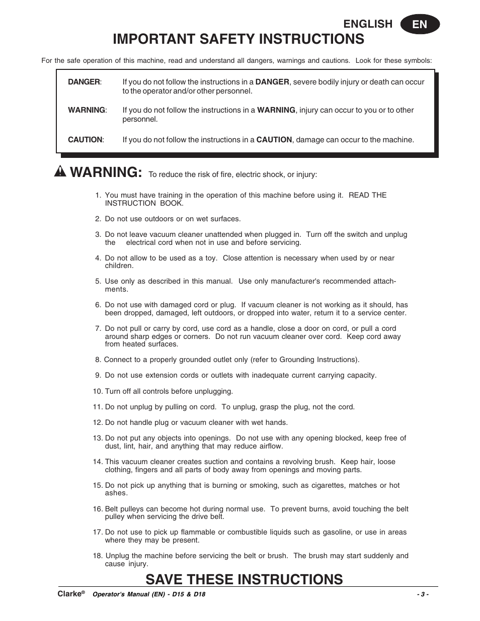 Important safety instructions, Warning, Save these instructions | En english | Clarke D18 User Manual | Page 3 / 50